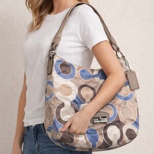 Coach Signature Satin Hobo Bag | Beige Blue Brown Print Shoulder Purse